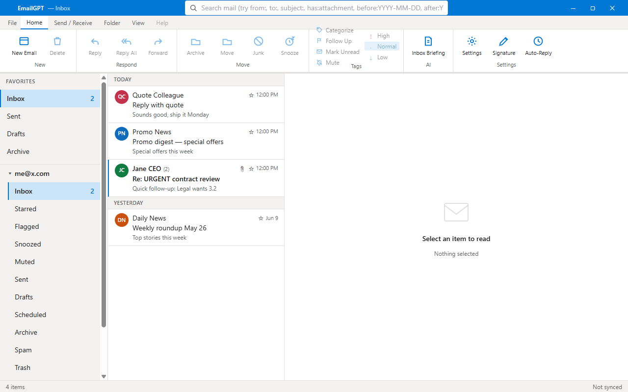 EmailGPT inbox — showing email list with AI actions panel
